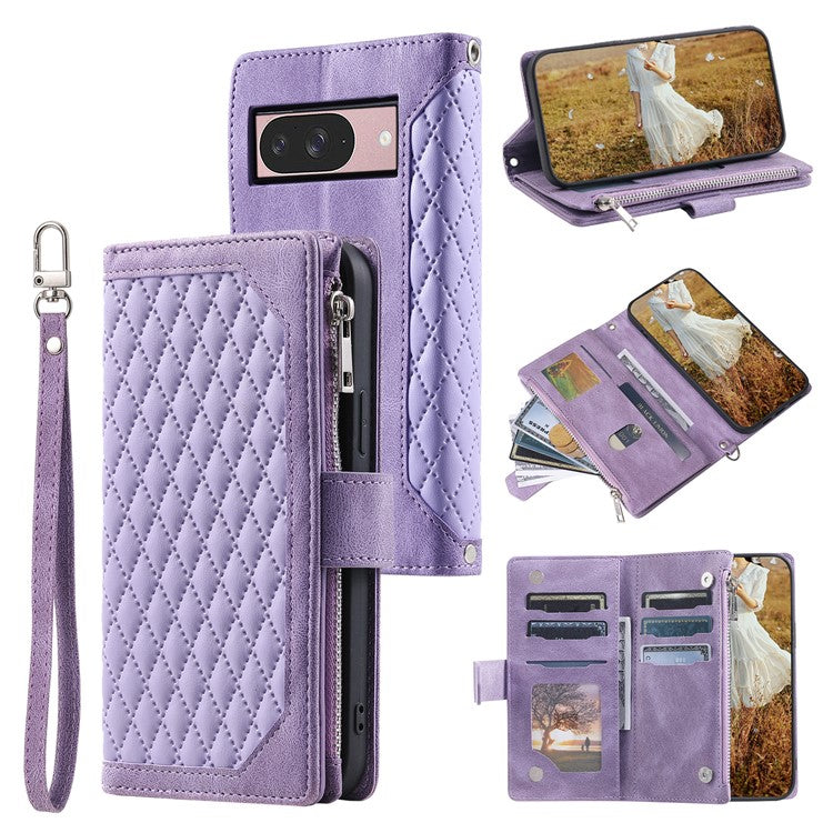 Style 005 For Google Pixel 9 / 9 Pro Wallet Case Rhombus PU Leather Zipper Phone Cover - Purple