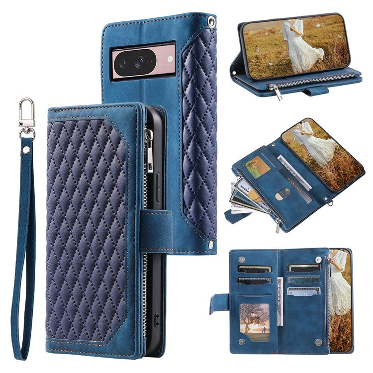 Style 005 For Google Pixel 9 / 9 Pro Wallet Case Rhombus PU Leather Zipper Phone Cover - Blue