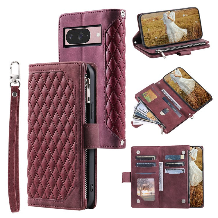 Style 005 For Google Pixel 9 / 9 Pro Wallet Case Rhombus PU Leather Zipper Phone Cover - Wine Red