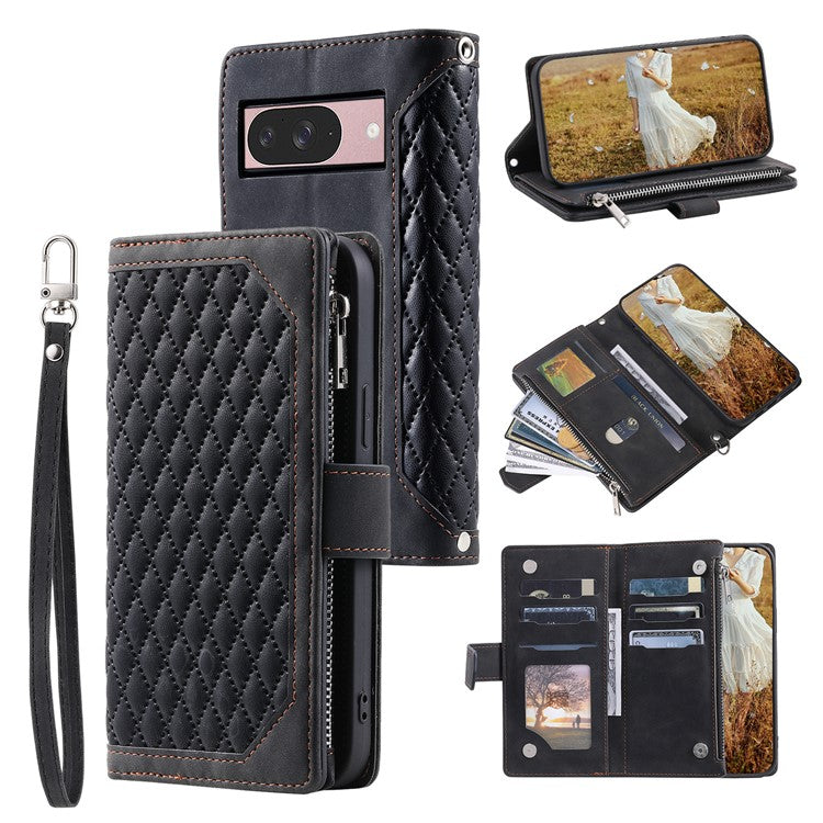 Style 005 For Google Pixel 9 / 9 Pro Wallet Case Rhombus PU Leather Zipper Phone Cover - Black