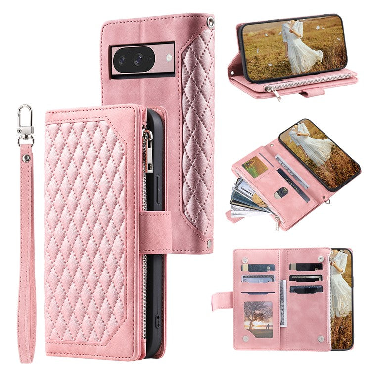 Style 005 For Google Pixel 9 / 9 Pro Wallet Case Rhombus PU Leather Zipper Phone Cover - Rose Gold