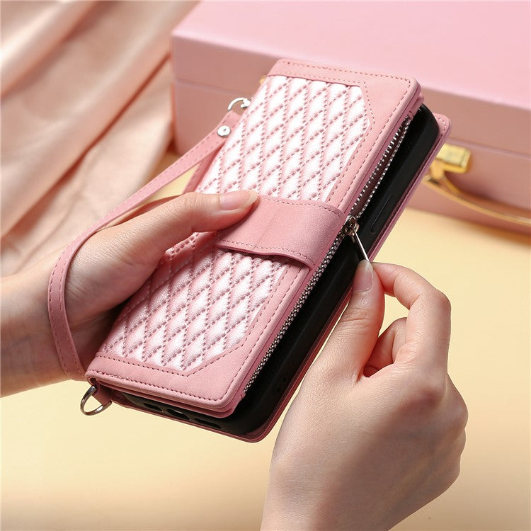 Style 005 For Google Pixel 9 / 9 Pro Wallet Case Rhombus PU Leather Zipper Phone Cover - Rose Gold