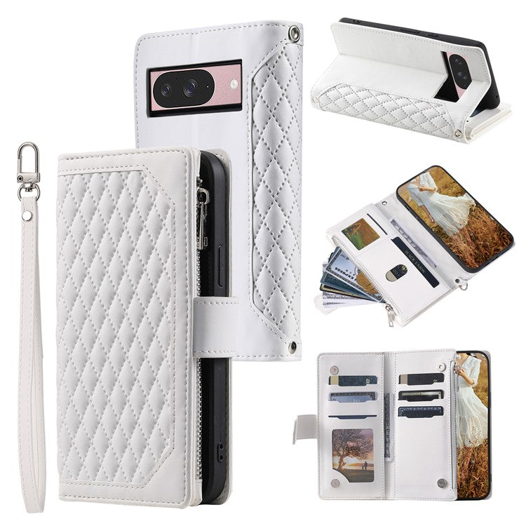 Style 005 For Google Pixel 9 / 9 Pro Wallet Case Rhombus PU Leather Zipper Phone Cover - White