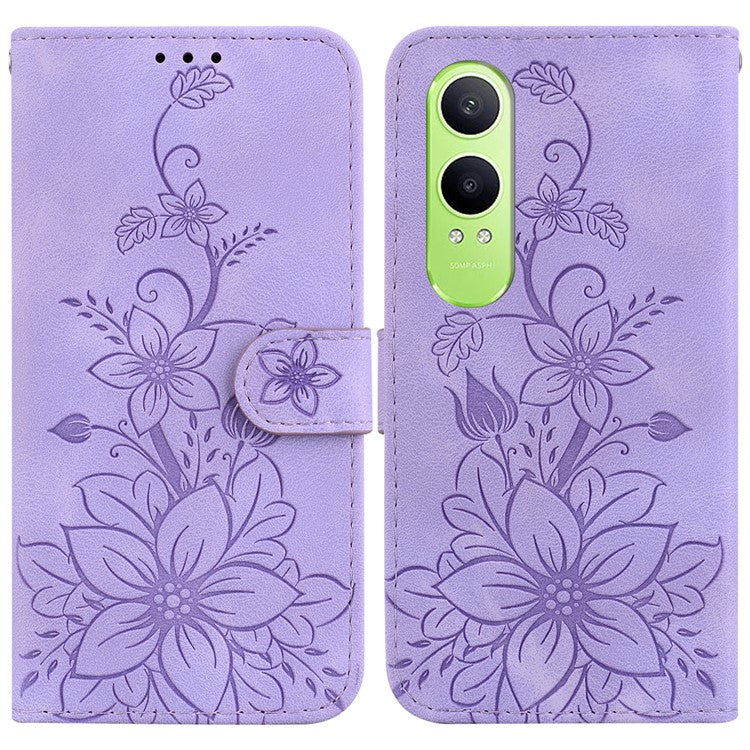 For OnePlus Nord CE4 Lite 5G Case Lily Flower Imprint Leather Phone Cover with Stand - Purple