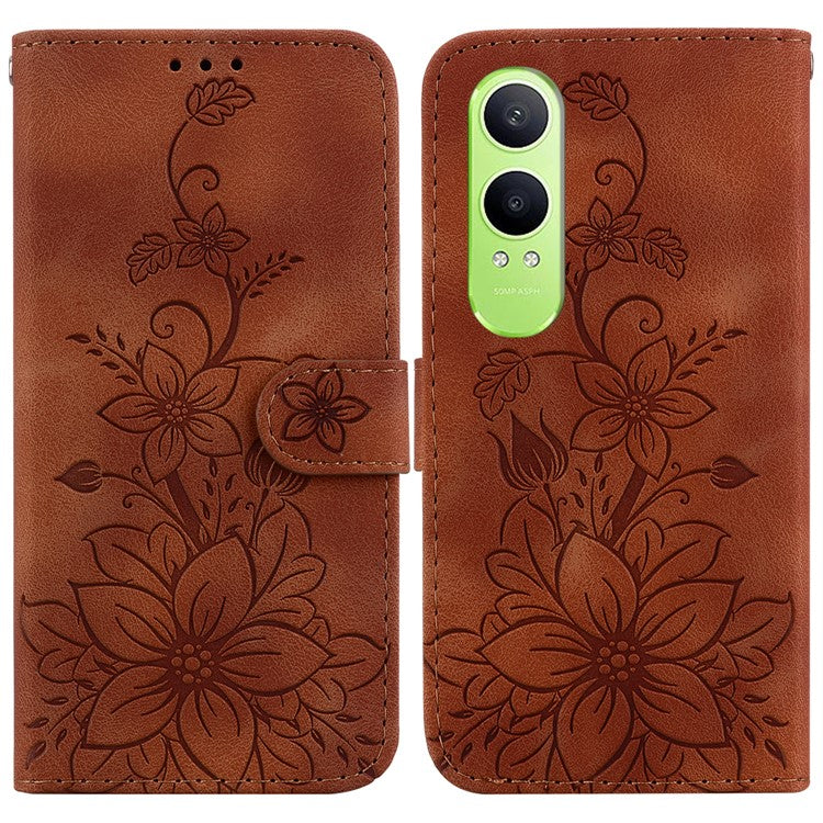 For OnePlus Nord CE4 Lite 5G Case Lily Flower Imprint Leather Phone Cover with Stand - Brown