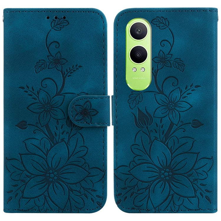 For OnePlus Nord CE4 Lite 5G Case Lily Flower Imprint Leather Phone Cover with Stand - Dark Blue