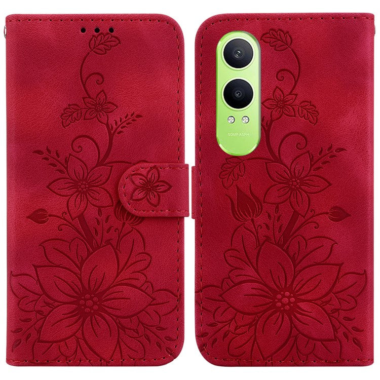 For OnePlus Nord CE4 Lite 5G Case Lily Flower Imprint Leather Phone Cover with Stand - Red