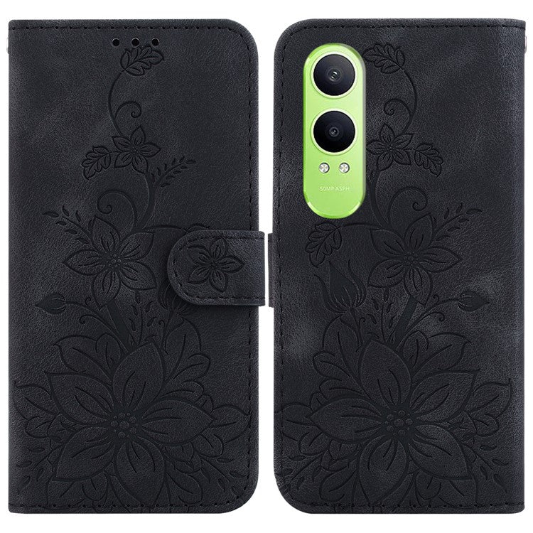 For OnePlus Nord CE4 Lite 5G Case Lily Flower Imprint Leather Phone Cover with Stand - Black