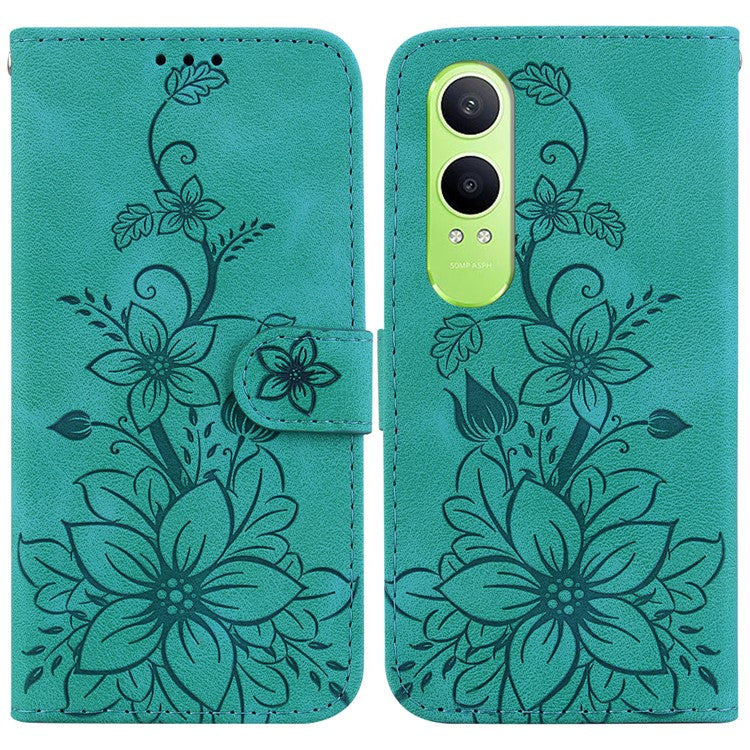 For OnePlus Nord CE4 Lite 5G Case Lily Flower Imprint Leather Phone Cover with Stand - Green