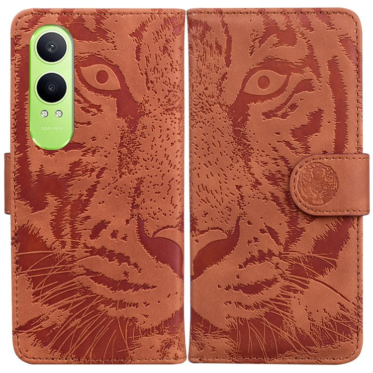 For OnePlus Nord CE4 Lite 5G Case Tiger Imprint Leather Wallet Phone Cover - Brown