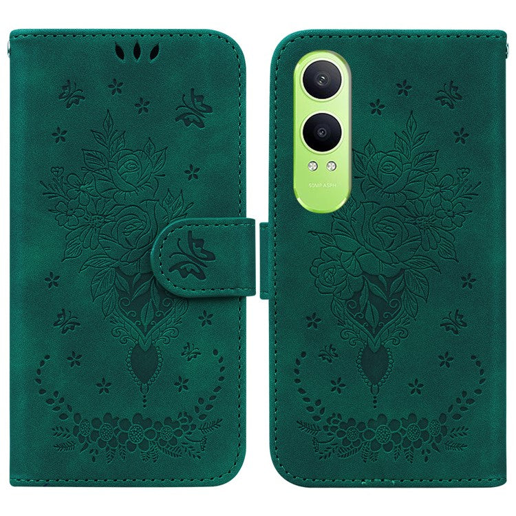 For OnePlus Nord CE4 Lite 5G Case PU Leather Wallet Phone Cover Butterfly Flower Imprint - Green