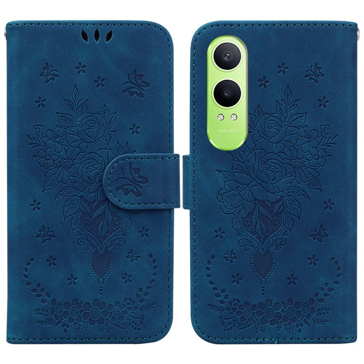 For OnePlus Nord CE4 Lite 5G Case PU Leather Wallet Phone Cover Butterfly Flower Imprint - Blue