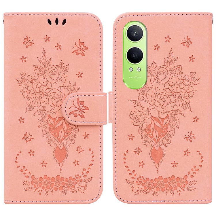 For OnePlus Nord CE4 Lite 5G Case PU Leather Wallet Phone Cover Butterfly Flower Imprint - Pink