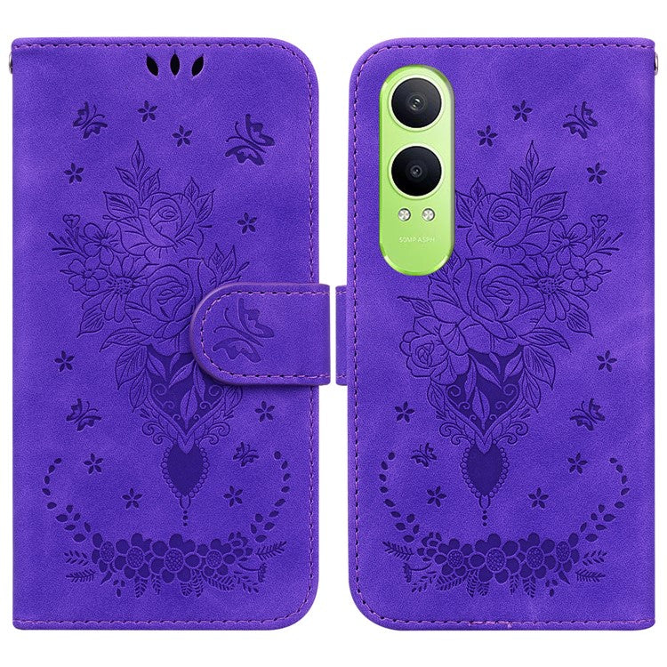 For OnePlus Nord CE4 Lite 5G Case PU Leather Wallet Phone Cover Butterfly Flower Imprint - Purple