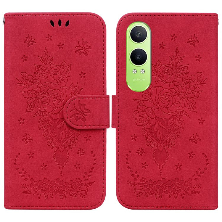 For OnePlus Nord CE4 Lite 5G Case PU Leather Wallet Phone Cover Butterfly Flower Imprint - Red