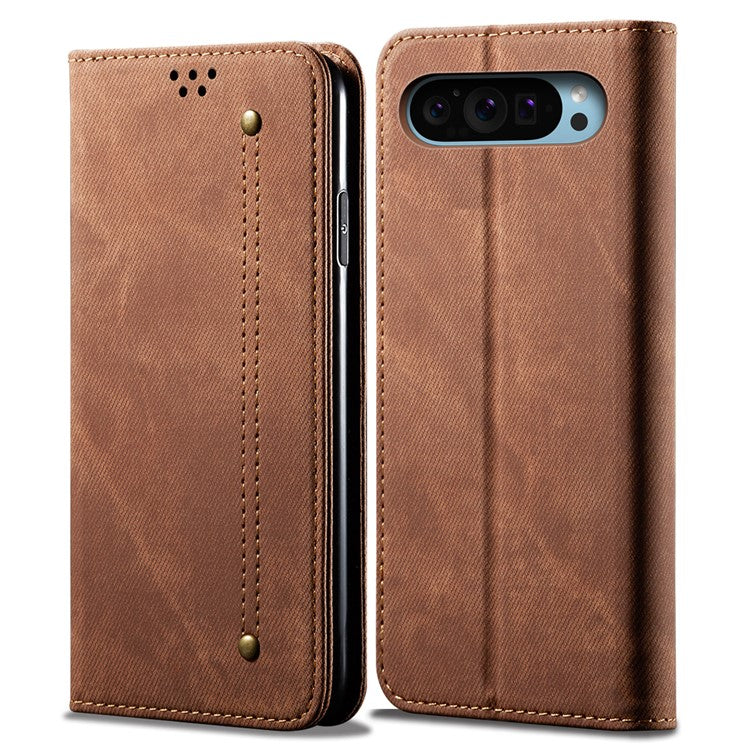 For Google Pixel 9 / Pixel 9 Pro Case Jeans Cloth Texture Anti-Scratch Leather Stand Phone Cover - Coffee