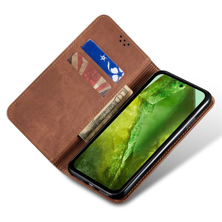 For Google Pixel 9 / Pixel 9 Pro Case Jeans Cloth Texture Anti-Scratch Leather Stand Phone Cover - Coffee