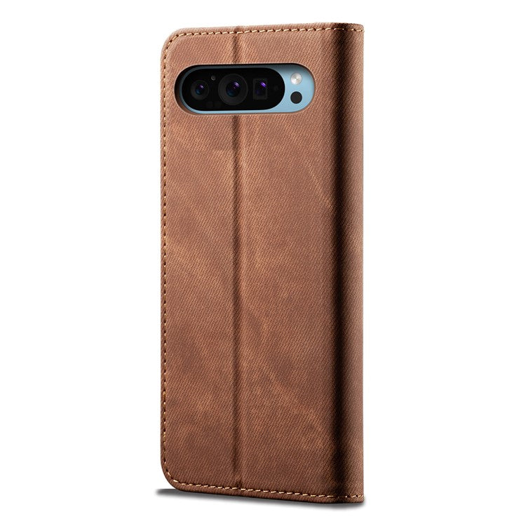 For Google Pixel 9 / Pixel 9 Pro Case Jeans Cloth Texture Anti-Scratch Leather Stand Phone Cover - Coffee