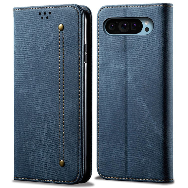 For Google Pixel 9 / Pixel 9 Pro Case Jeans Cloth Texture Anti-Scratch Leather Stand Phone Cover - Blue