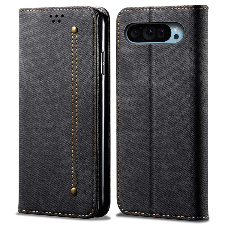 For Google Pixel 9 / Pixel 9 Pro Case Jeans Cloth Texture Anti-Scratch Leather Stand Phone Cover - Black