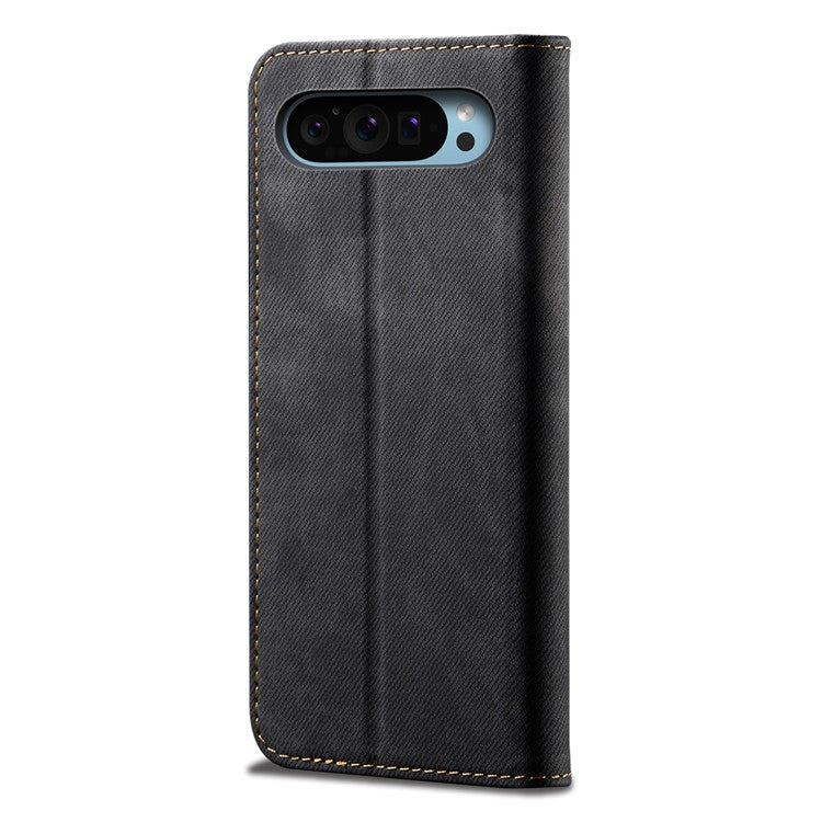 For Google Pixel 9 / Pixel 9 Pro Case Jeans Cloth Texture Anti-Scratch Leather Stand Phone Cover - Black