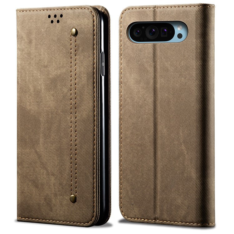 For Google Pixel 9 / Pixel 9 Pro Case Jeans Cloth Texture Anti-Scratch Leather Stand Phone Cover - Khaki