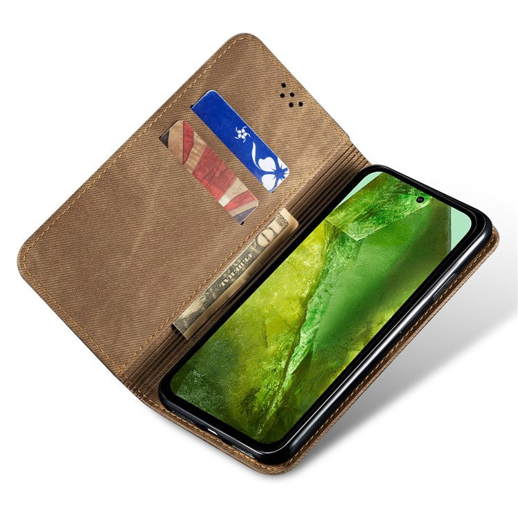 For Google Pixel 9 / Pixel 9 Pro Case Jeans Cloth Texture Anti-Scratch Leather Stand Phone Cover - Khaki