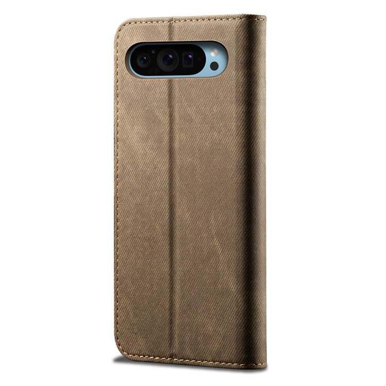 For Google Pixel 9 / Pixel 9 Pro Case Jeans Cloth Texture Anti-Scratch Leather Stand Phone Cover - Khaki