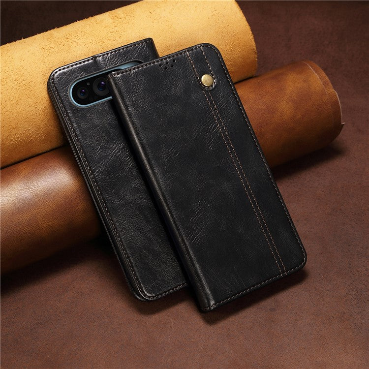 For Google Pixel 9 / Pixel 9 Pro Case Crazy Horse Texture Waxy Leather Wallet Stand Cover - Black