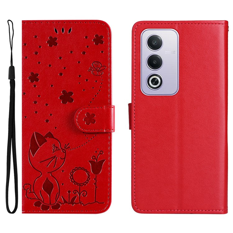 KT Imprinting Flower Series-4 For Oppo A3 Pro (Global) 5G Case Cat Bee Pattern Flip Leather Phone Cover - Red