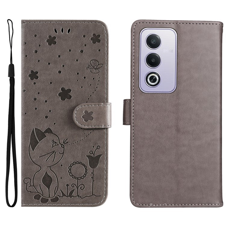 KT Imprinting Flower Series-4 For Oppo A3 Pro (Global) 5G Case Cat Bee Pattern Flip Leather Phone Cover - Grey