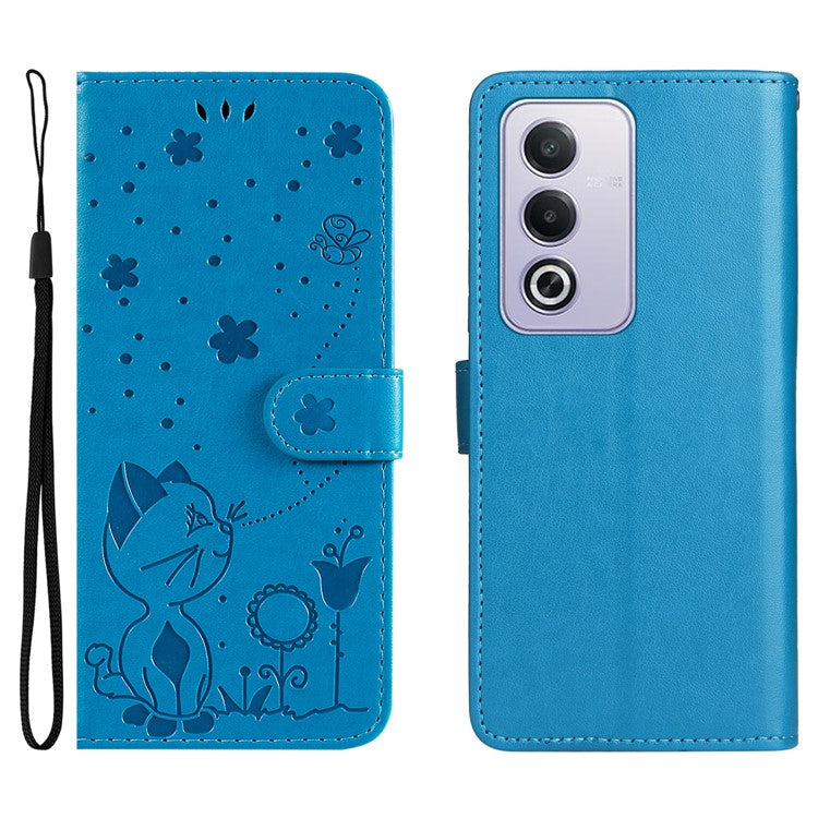 KT Imprinting Flower Series-4 For Oppo A3 Pro (Global) 5G Case Cat Bee Pattern Flip Leather Phone Cover - Blue