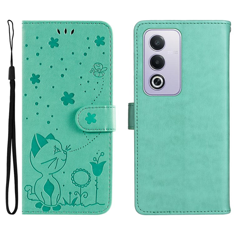 KT Imprinting Flower Series-4 For Oppo A3 Pro (Global) 5G Case Cat Bee Pattern Flip Leather Phone Cover - Green