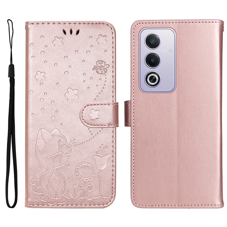 KT Imprinting Flower Series-4 For Oppo A3 Pro (Global) 5G Case Cat Bee Pattern Flip Leather Phone Cover - Rose Gold