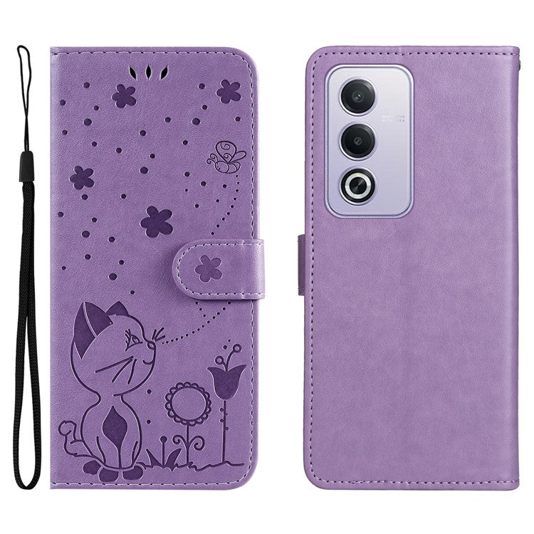 KT Imprinting Flower Series-4 For Oppo A3 Pro (Global) 5G Case Cat Bee Pattern Flip Leather Phone Cover - Light Purple