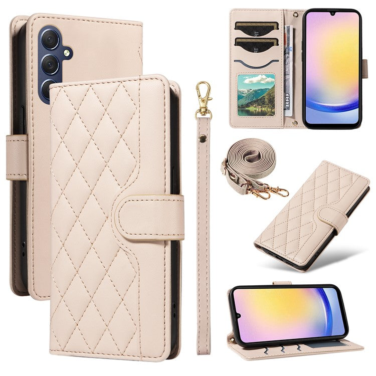 For Samsung Galaxy A25 5G (Global) (161.0 x 76.5 x 8.3mm) Case Wallet Rhombus Leather Phone Cover with Shoulder Strap, Wrist Strap - Apricot