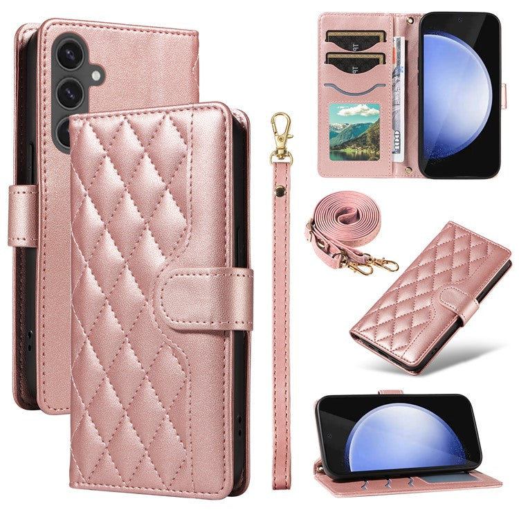 For Samsung Galaxy S24 FE Case Wallet Rhombus Leather Phone Cover with Shoulder Strap, Wrist Strap - Rose Gold