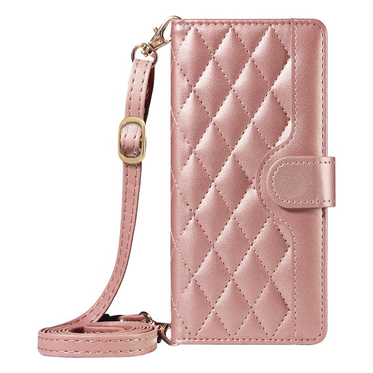 For Samsung Galaxy S24 FE Case Wallet Rhombus Leather Phone Cover with Shoulder Strap, Wrist Strap - Rose Gold