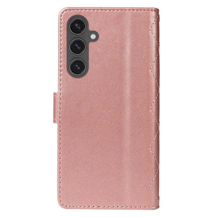 For Samsung Galaxy S24 FE Case Wallet Rhombus Leather Phone Cover with Shoulder Strap, Wrist Strap - Rose Gold