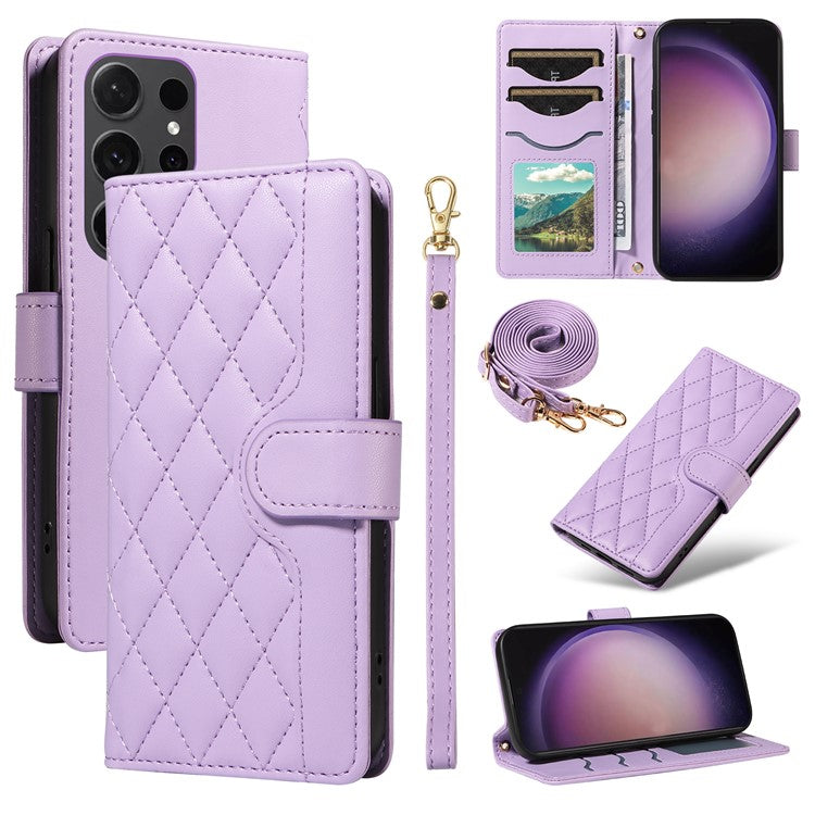 For Samsung Galaxy S25 Ultra Wallet Case Rhombus Leather Phone Cover with Shoulder Strap and Wrist Strap - Light Purple