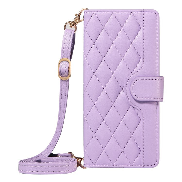 For Samsung Galaxy S25 Ultra Wallet Case Rhombus Leather Phone Cover with Shoulder Strap and Wrist Strap - Light Purple