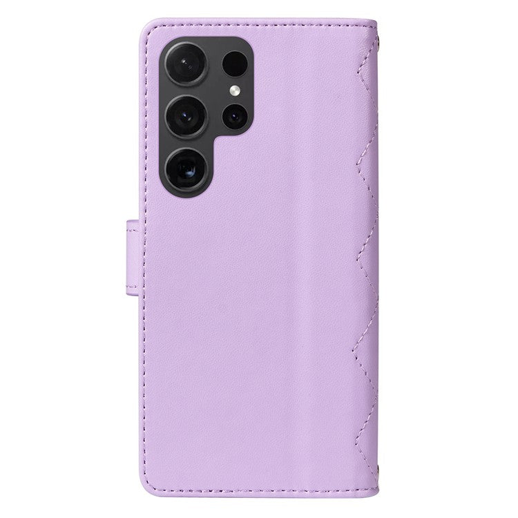 For Samsung Galaxy S25 Ultra Wallet Case Rhombus Leather Phone Cover with Shoulder Strap and Wrist Strap - Light Purple