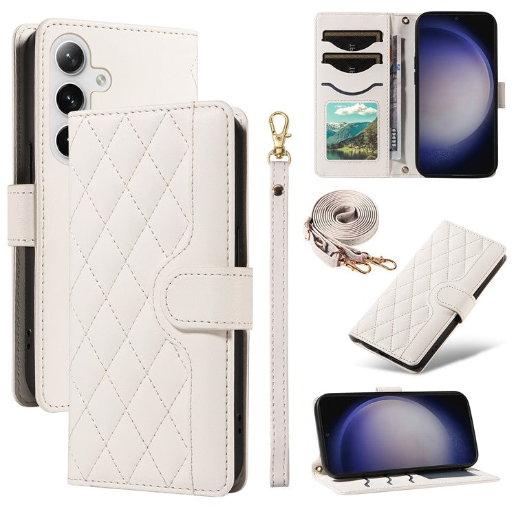 For Samsung Galaxy S25+ / S24+ Case Wallet Rhombus Leather Phone Cover with Shoulder Strap, Wrist Strap - White