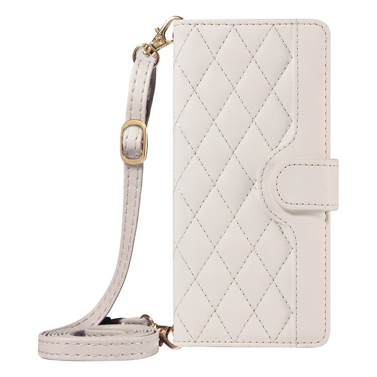 For Samsung Galaxy S25+ / S24+ Case Wallet Rhombus Leather Phone Cover with Shoulder Strap, Wrist Strap - White