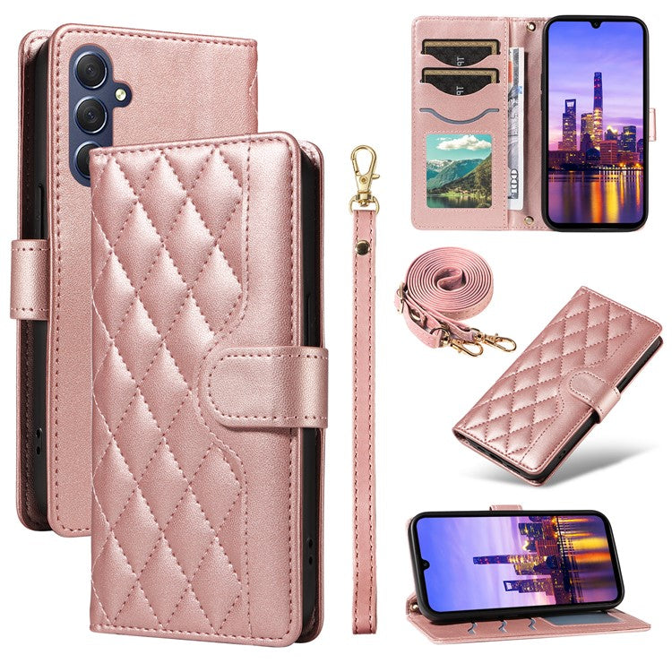 For Samsung Galaxy A16 5G / A16 4G Case Wallet Rhombus Leather Phone Cover with Shoulder Strap, Wrist Strap - Rose Gold