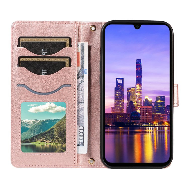 For Samsung Galaxy A16 5G / A16 4G Case Wallet Rhombus Leather Phone Cover with Shoulder Strap, Wrist Strap - Rose Gold