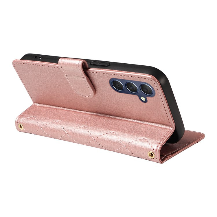 For Samsung Galaxy A16 5G / A16 4G Case Wallet Rhombus Leather Phone Cover with Shoulder Strap, Wrist Strap - Rose Gold