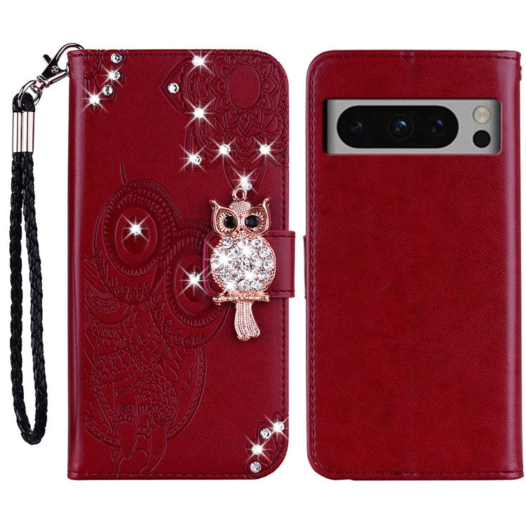 For Google Pixel 9 Pro XL Wallet Case Owl Flower Imprinted Rhinestone Leather Cover - Red