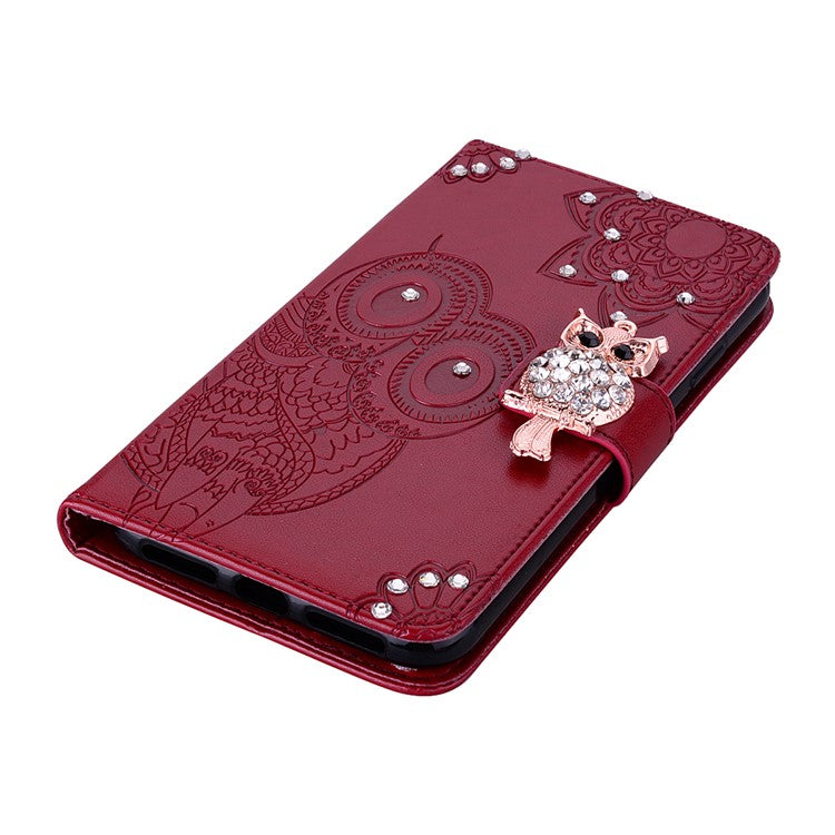 For Google Pixel 9 Pro XL Wallet Case Owl Flower Imprinted Rhinestone Leather Cover - Red