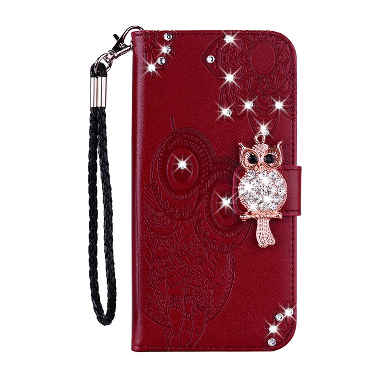 For Google Pixel 9 Pro XL Wallet Case Owl Flower Imprinted Rhinestone Leather Cover - Red